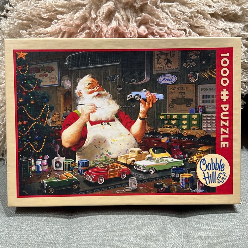 Cobble Hill Christmas 1000 piece adult jigsaw puzzle Santa Painting Cars